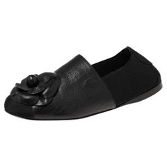 Chanel Black Leather, Fabric and Elastic Camellia Flats Size 37