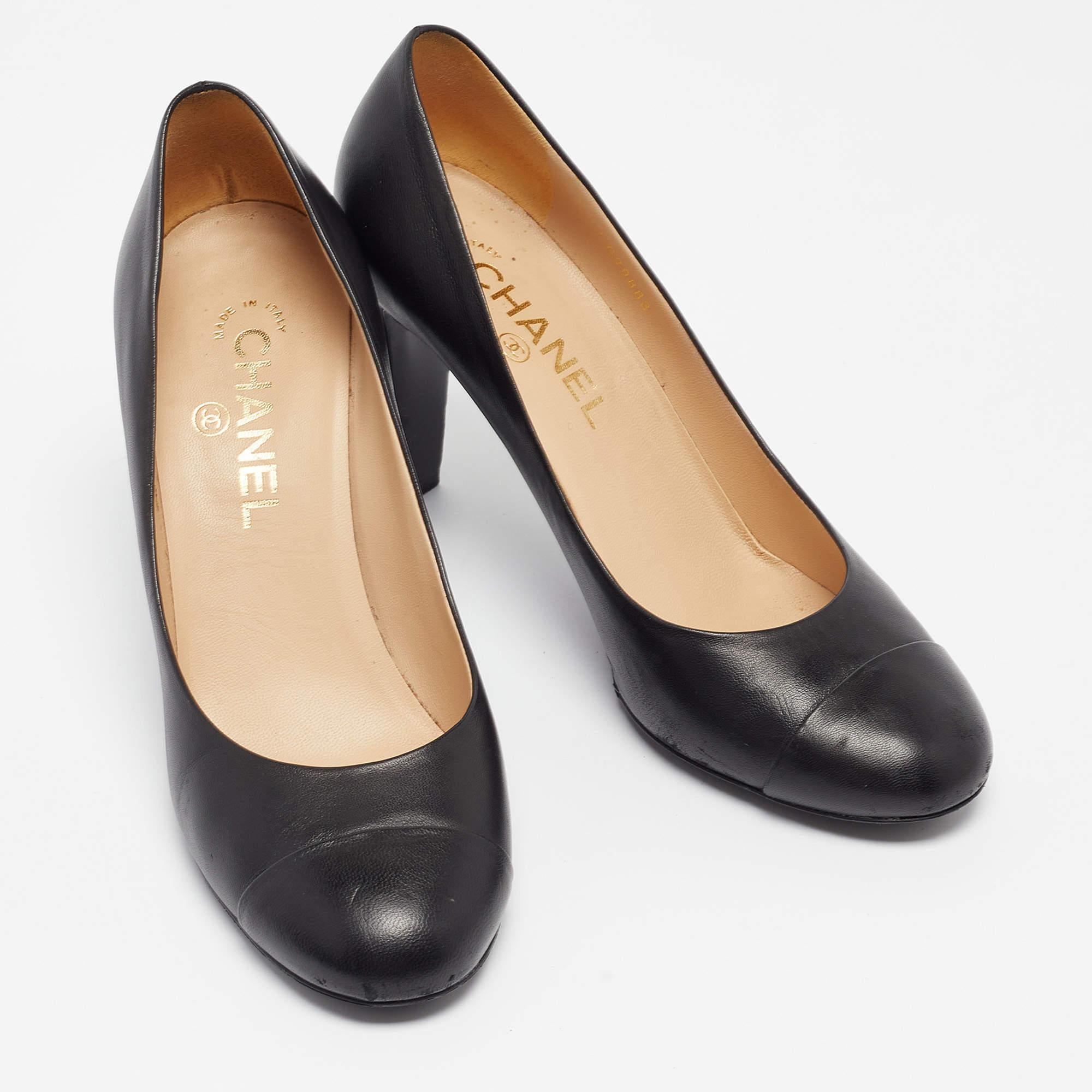 Women's Chanel Black Leather Faux Pearl Embellished Heel Cap Toe Pumps Size 38.5