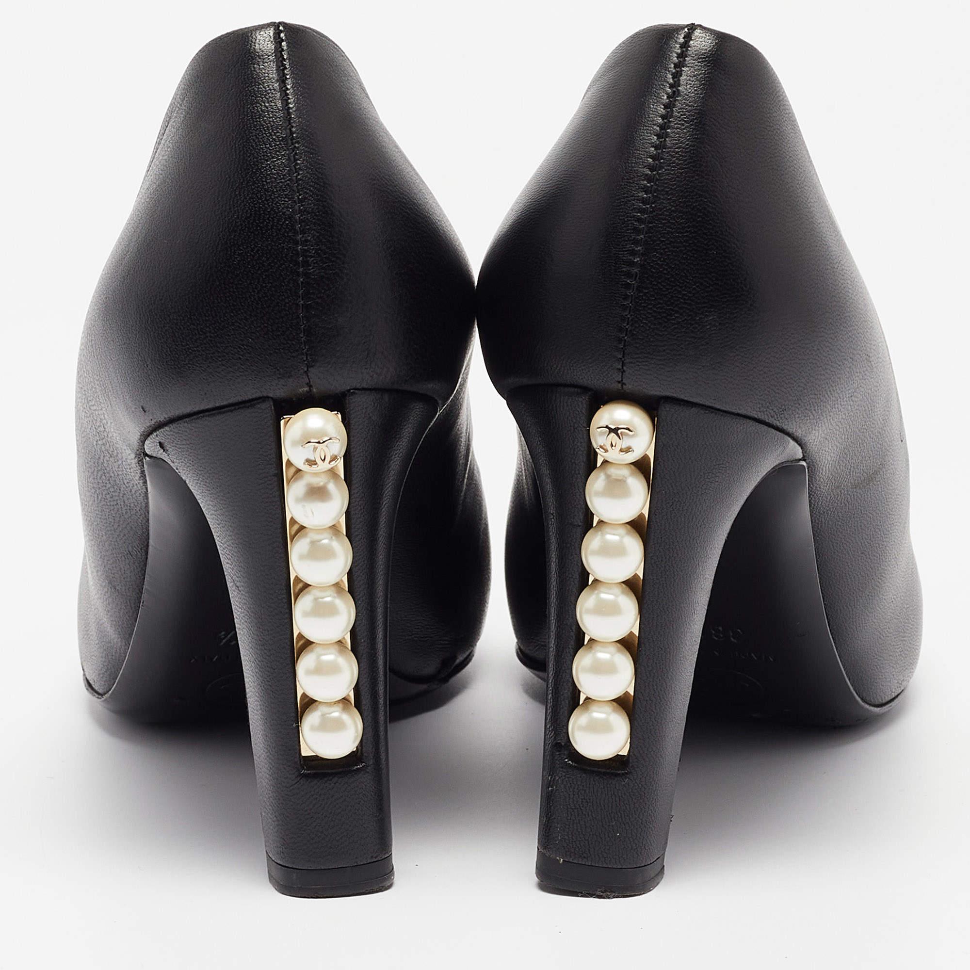 Chanel Black Leather Faux Pearl Embellished Heel Cap Toe Pumps Size 38.5 1