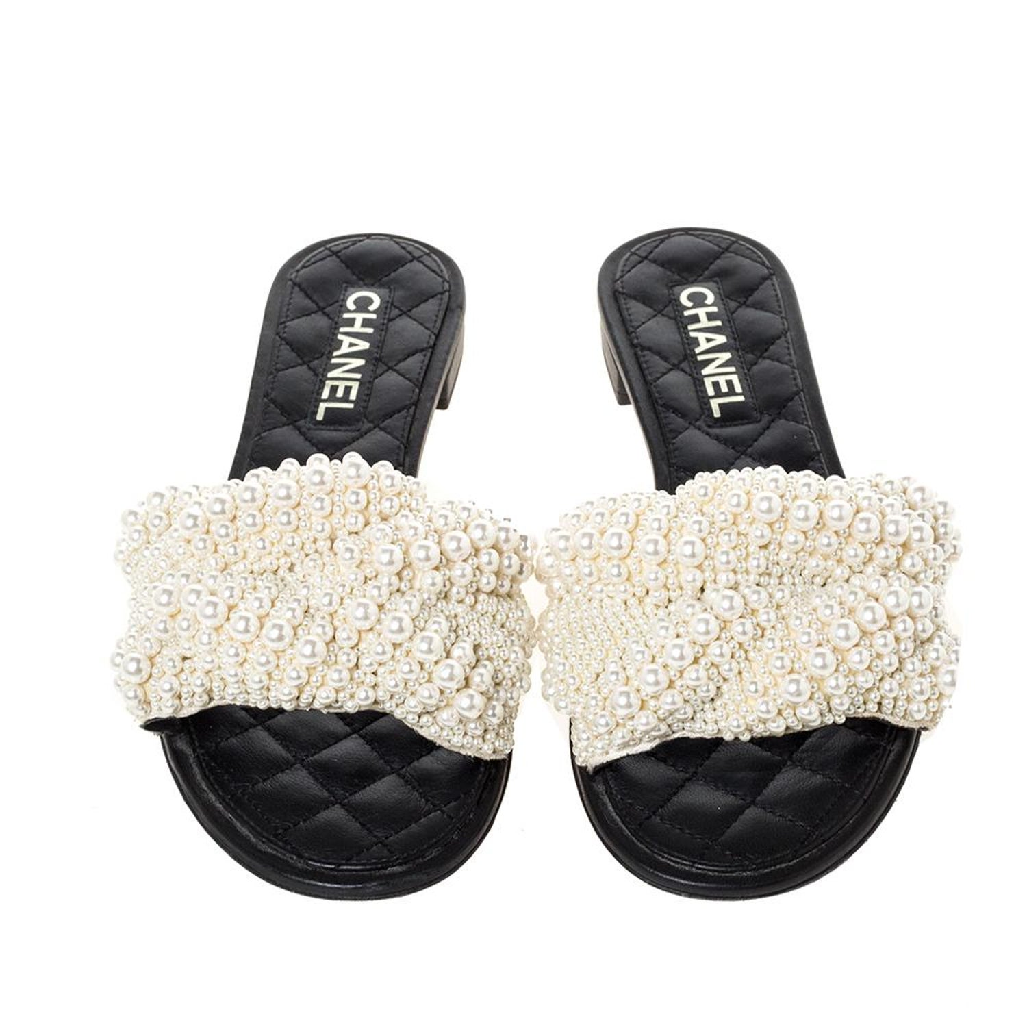 Chanel Black Leather Faux Pearl Slide Flat Sandals Size 39 at 1stDibs | chanel  pearl slides, chanel black pearl slides, chanel sandals with pearls