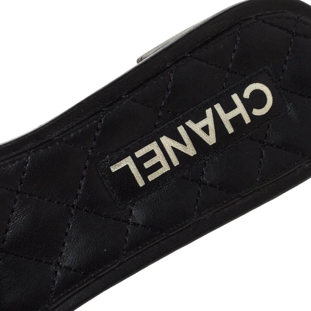 Beige Chanel Black Leather Faux Pearl Slide Flat Sandals Size 39