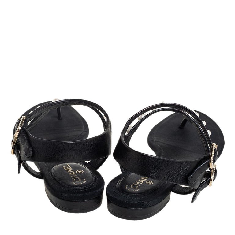 Chanel Black Leather Faux Pearl Thong Sandals Size 38 at 1stDibs