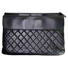 Chanel Black Leather Flap Quilted Large Clutch  