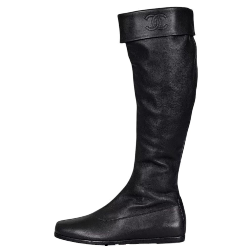 Pre-owned Chanel Black Leather Flat Riding Boots Eu 35.5 Side Zip Round Toe