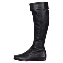 Chanel Black Leather Flat Riding Boots EU 35.5 Side Zip Round Toe