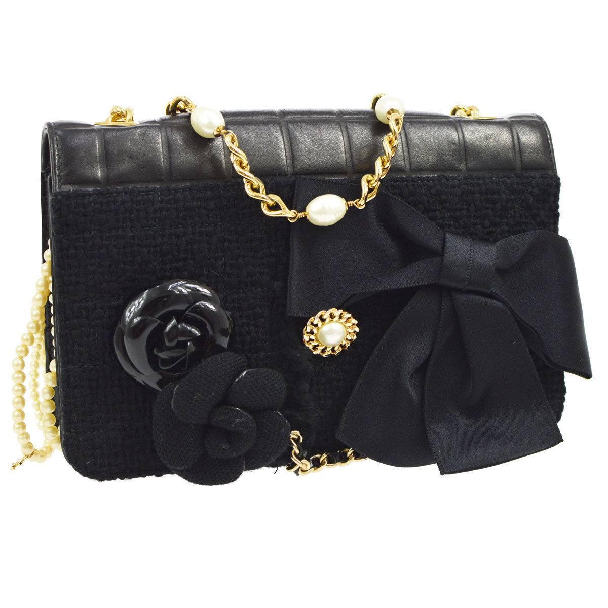 Chanel Black Leather Flower Bow Evening Clutch Pearl Chain Shoulder Flap Bag