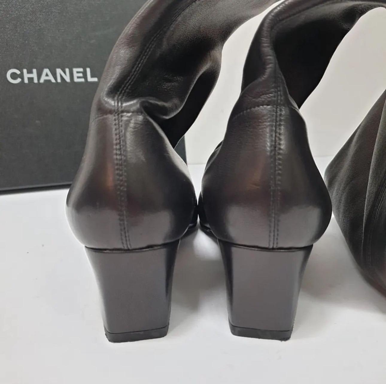 CHANEL Black  Leather Front Zip Over The Knee Boots For Sale 2