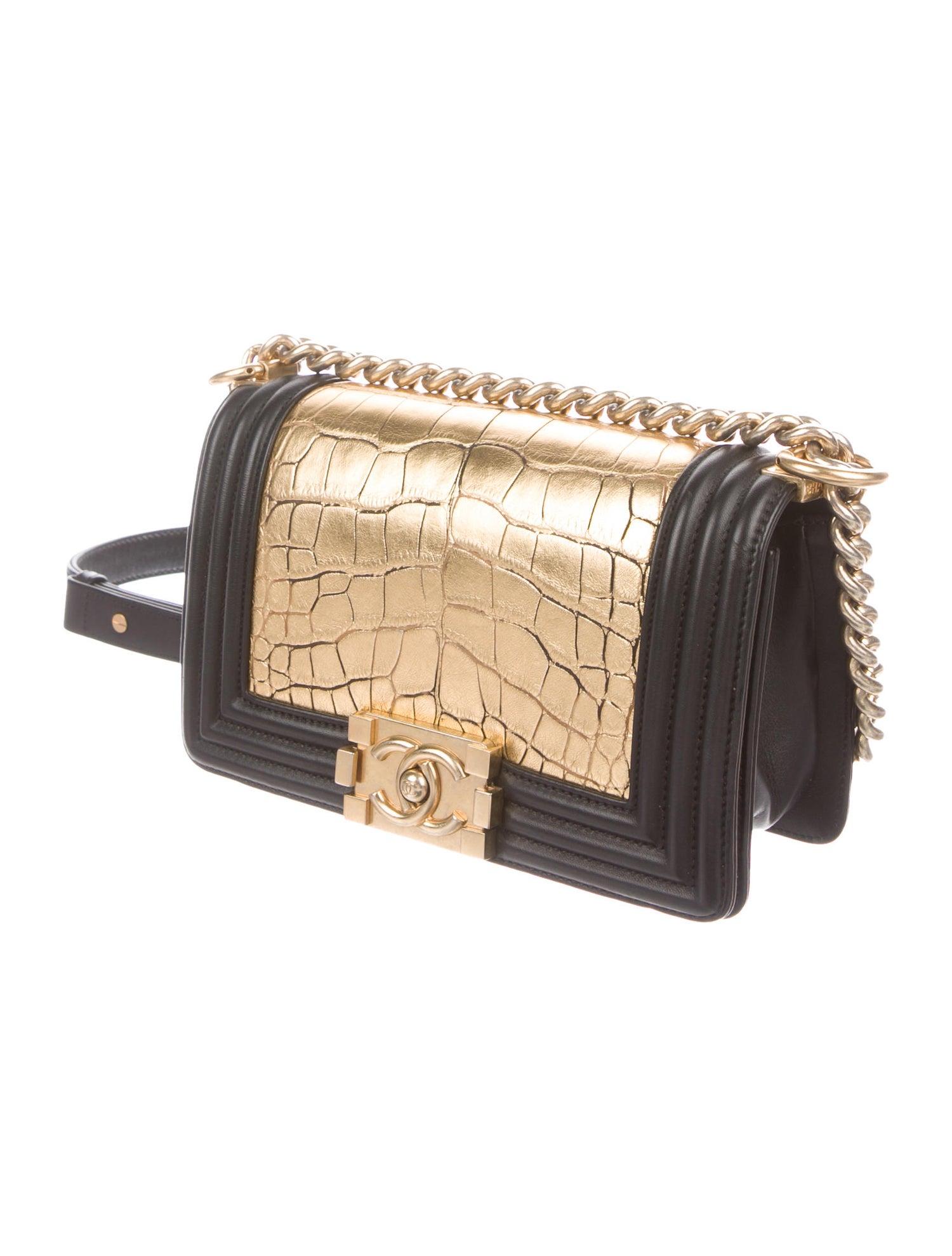 Chanel Black Leather Gold Alligator Exotic Boy Small Shoulder Flap Bag in Box

Alligator 
Leather
Gold-tone hardware
Leather lining
Push-lock closure 
Date code present 
Made in France
Top handle drop 12