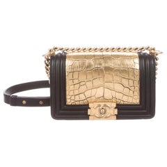 Chanel Black Leather Gold Alligator Exotic Boy Small Shoulder Flap Bag in Box