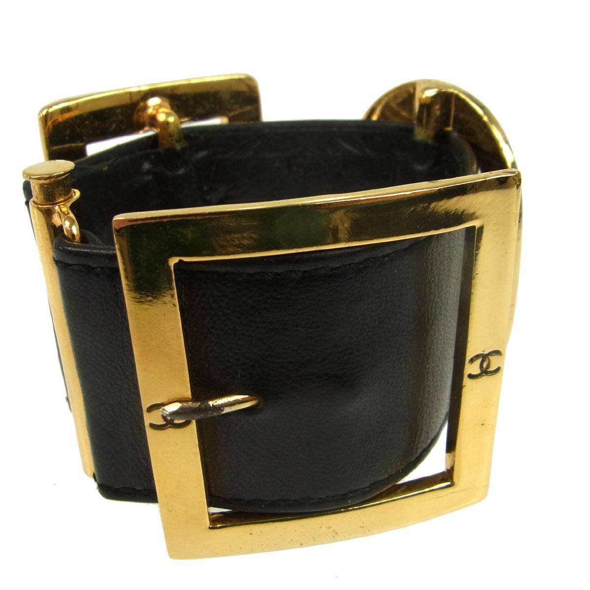 Chanel Black Leather Gold Buckle Evening Charm Cuff Bracelet in Box In Good Condition In Chicago, IL