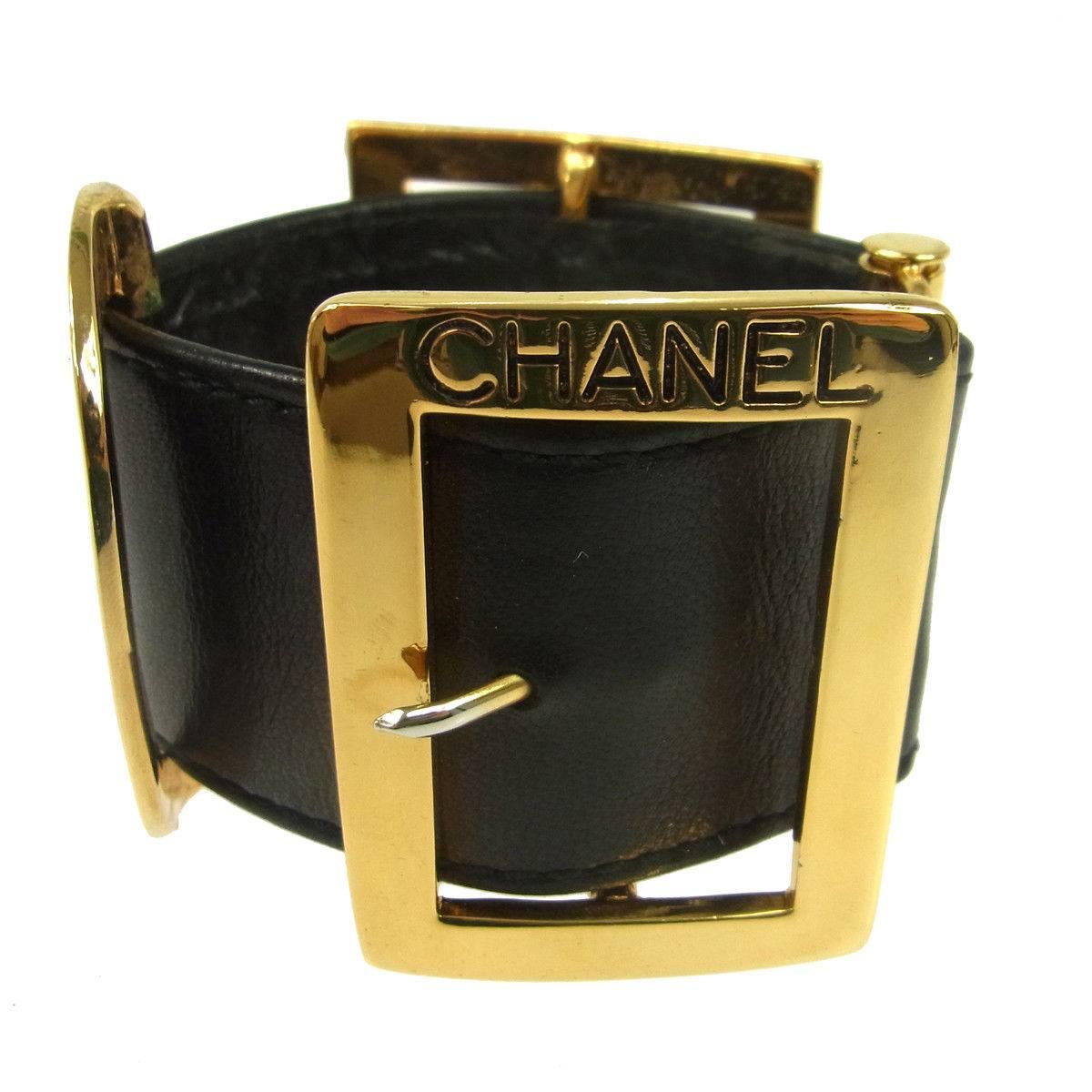 Women's Chanel Black Leather Gold Buckle Evening Charm Cuff Bracelet in Box
