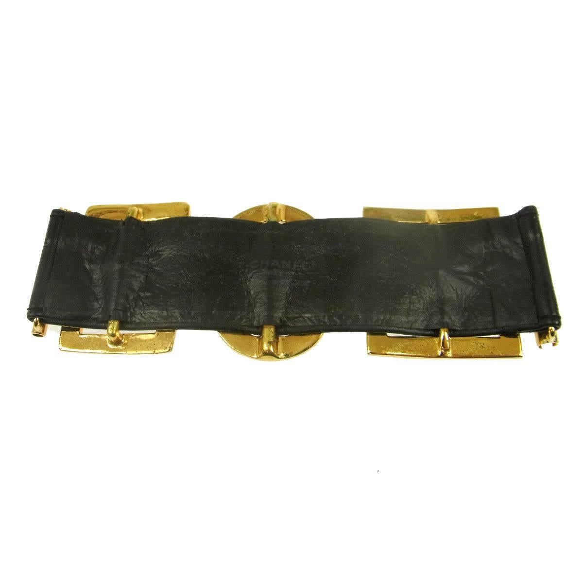 Chanel Black Leather Gold Buckle Evening Charm Cuff Bracelet in Box 1