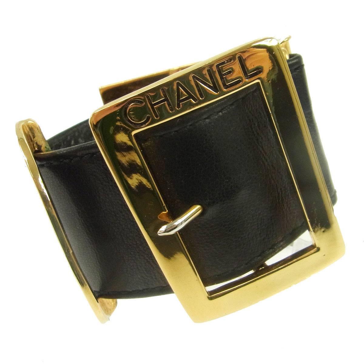 Chanel Black Leather Gold Buckle Evening Charm Cuff Bracelet in Box