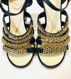 Unworn Chanel Black Leather Gold Chain "CC" Faux Pearl Sandals Heels