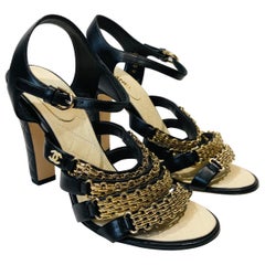 Vintage Unworn Chanel Black Leather Gold Chain "CC" Faux Pearl Sandals Heels 