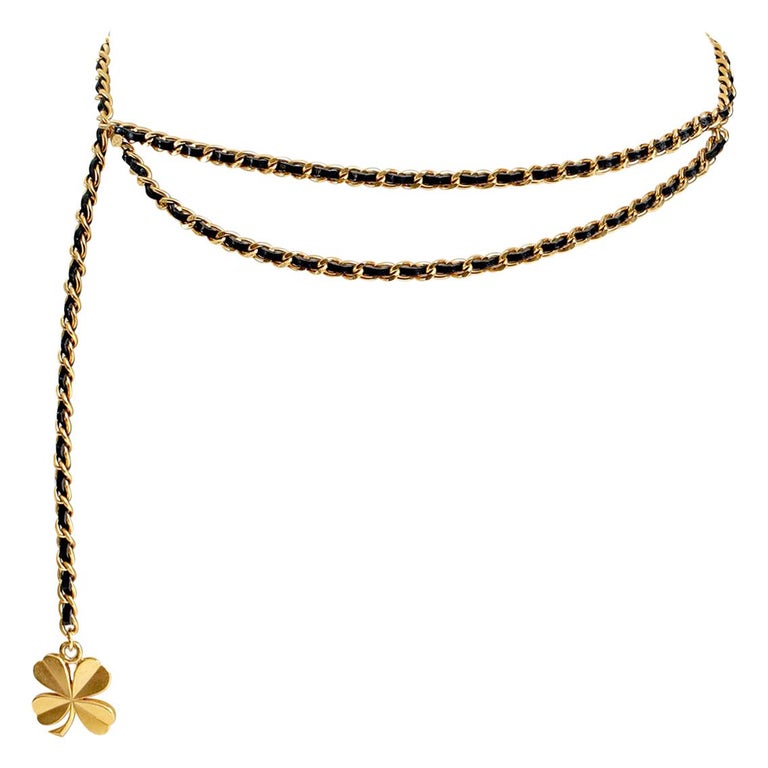 Chanel Black Leather Gold Chain Clover Belt Necklace For Sale at