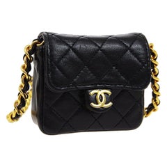 Chanel Black Leather Gold Chain Evening Micro Mini Shoulder Flap Bag 