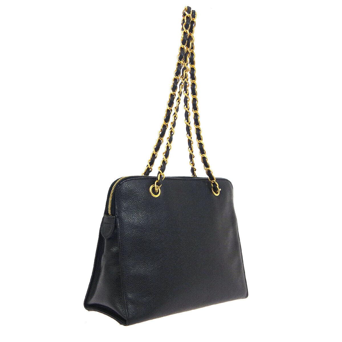 Women's Chanel Black Leather Gold Chain Medium Carryall Shopper Tote Shoulder Bag