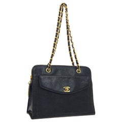 Chanel Black Leather Gold Chain Medium Carryall Shopper Tote Shoulder Bag