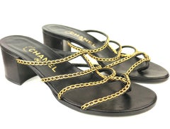 Chanel Black Leather Gold Chain Heeled Sandals
