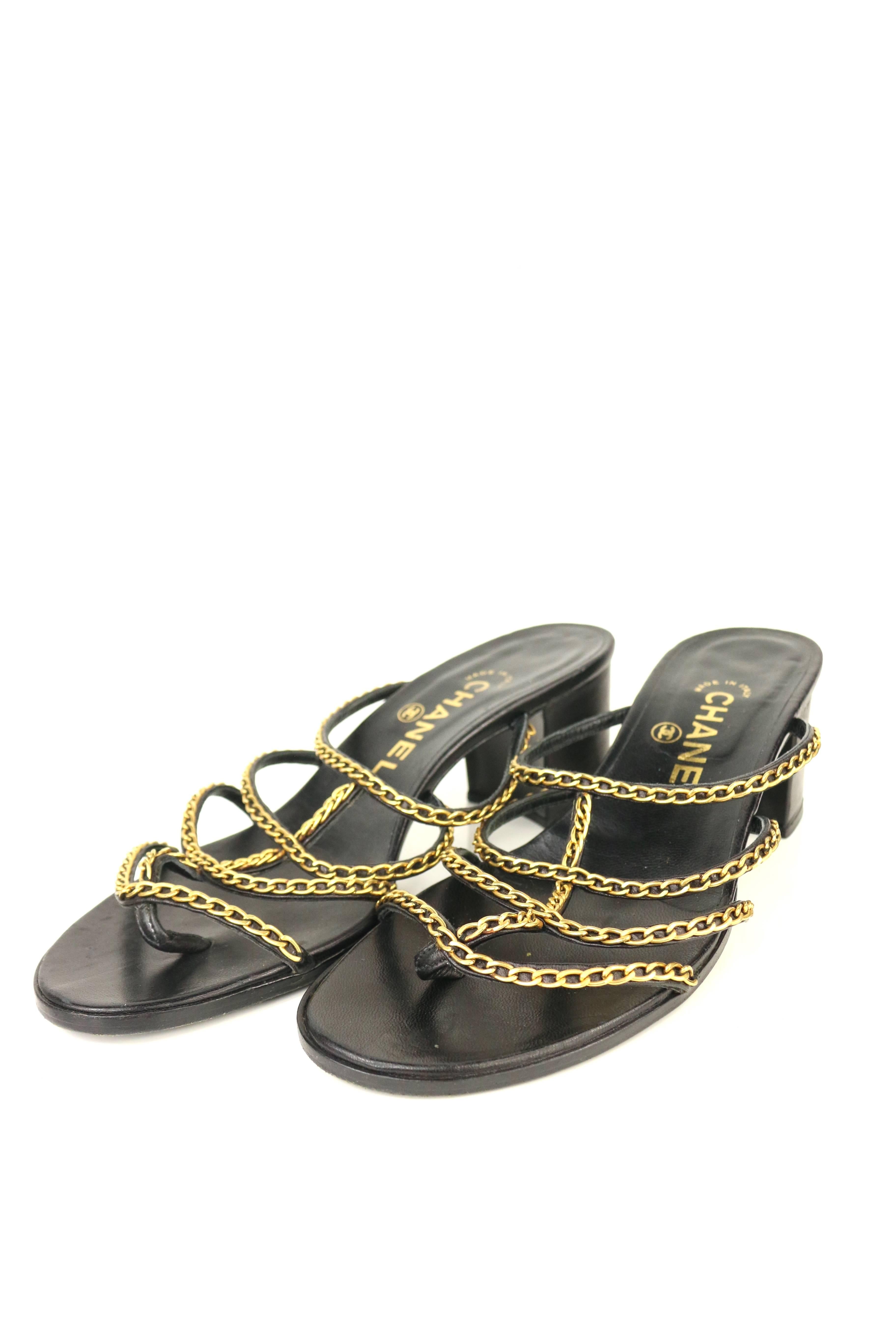 Women's Chanel Black Leather Gold Chain Heeled Sandals   For Sale