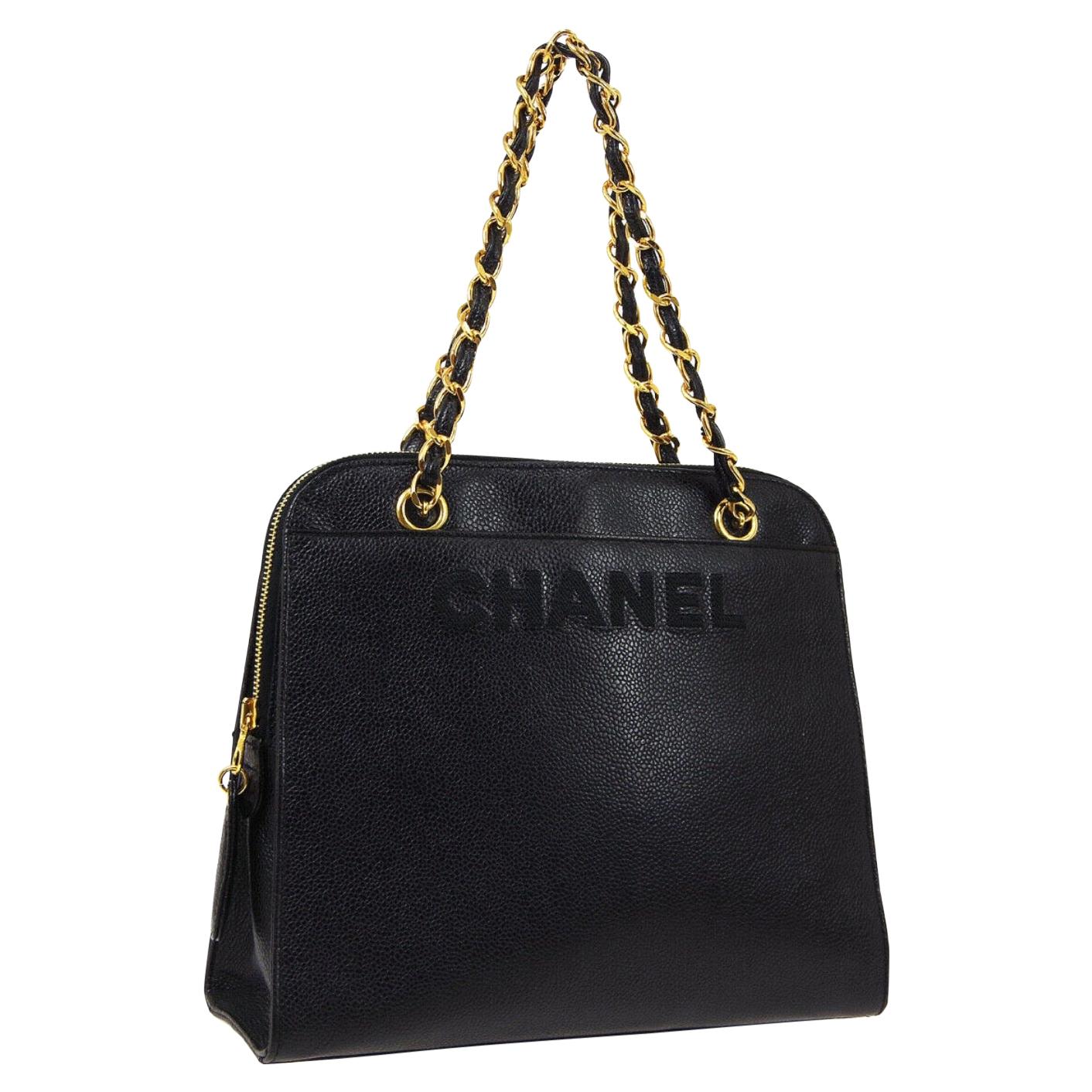 Chanel Black Leather Gold Chain Top Handle Satchel Shoulder Tote Bag