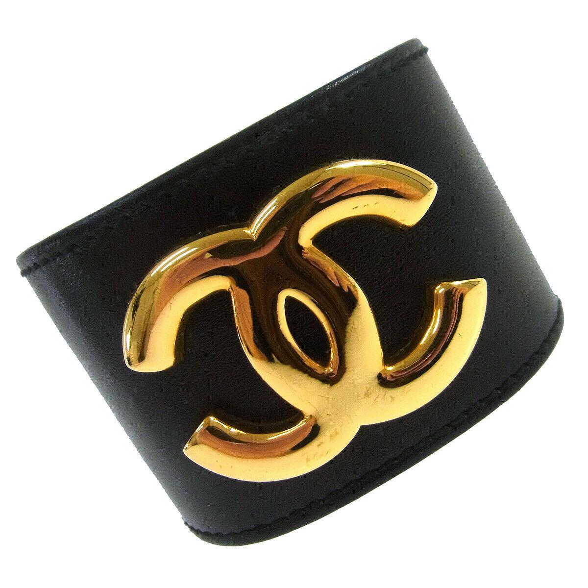 Chanel Black Leather Gold Charm Men's Women's Wide Cuff Bracelet in Box