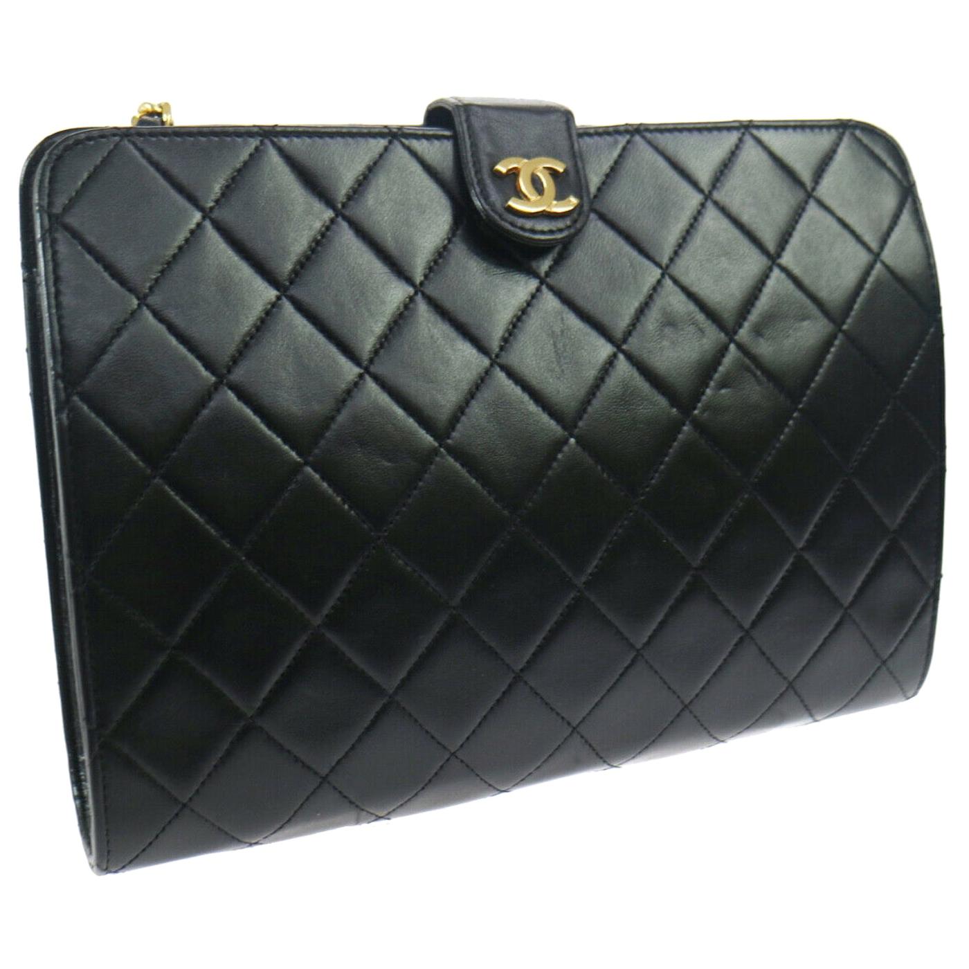 Chanel Black Leather Gold Envelope Evening Shoulder Crossbody Clutch Bag