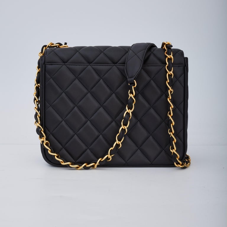 Women's Black Leather Quilted Bag Flap Square Chain Shoulder Bags Big Size