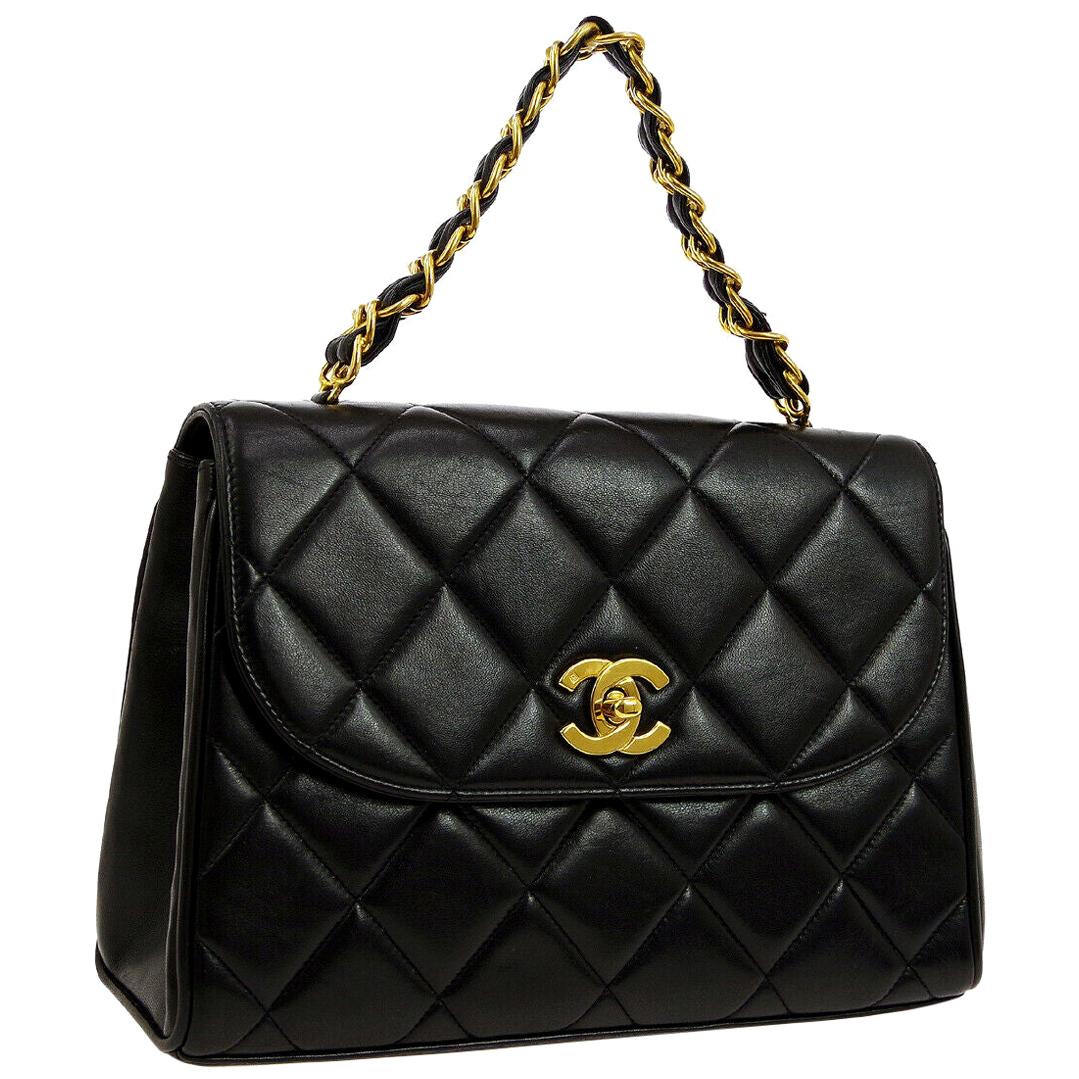 Chanel Black Leather Gold Kelly Style Top Handle Satchel Shoulder Flap Bag