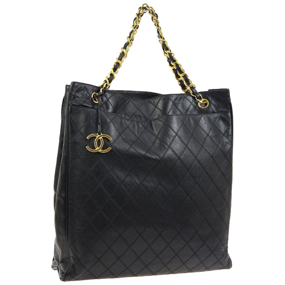Chanel Black Leather Gold Large Carryall Travel Shopper Shoulder Tote Bag