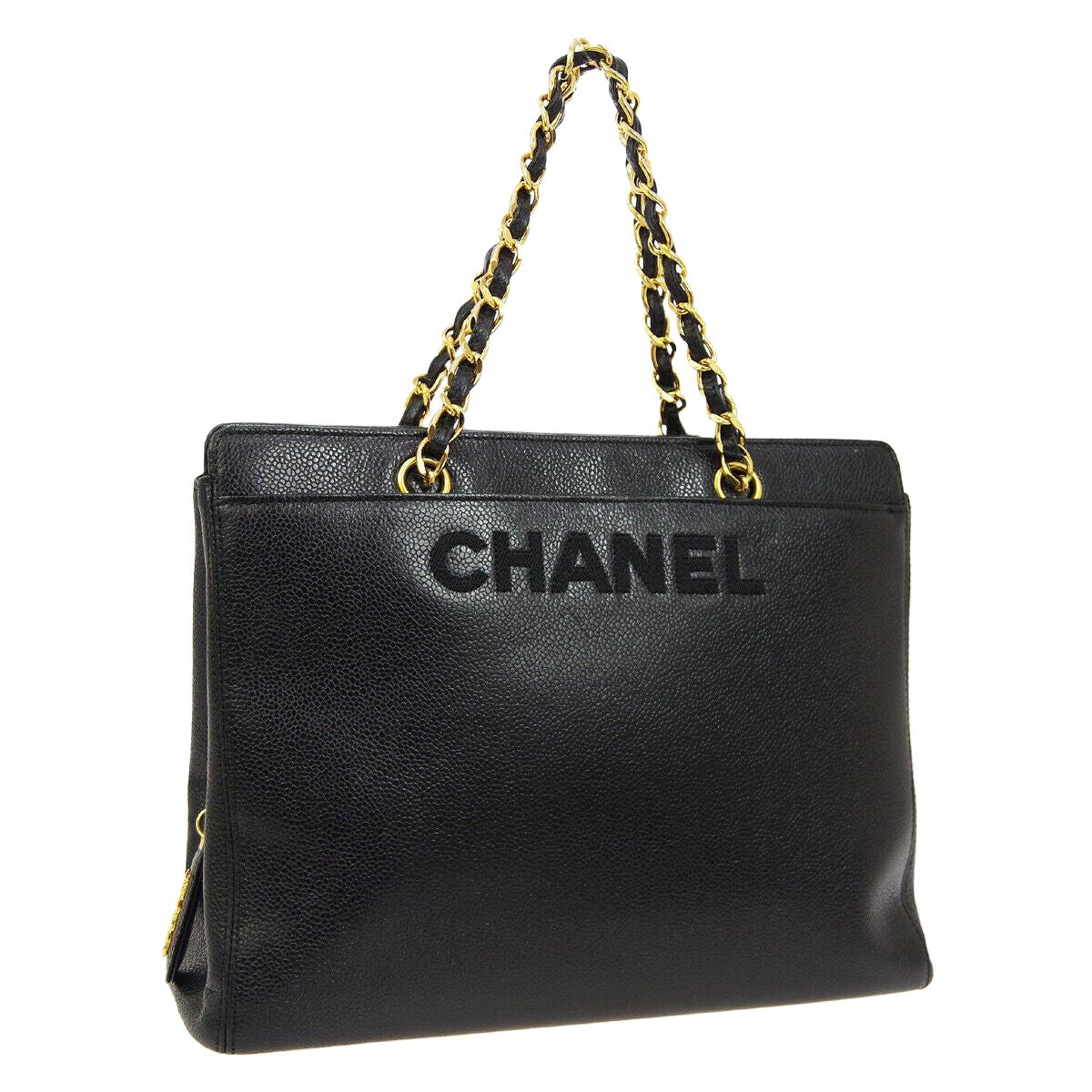 Chanel Black Leather Gold Large 'CHANEL' Travel Carryall Shoulder Bag in Box 