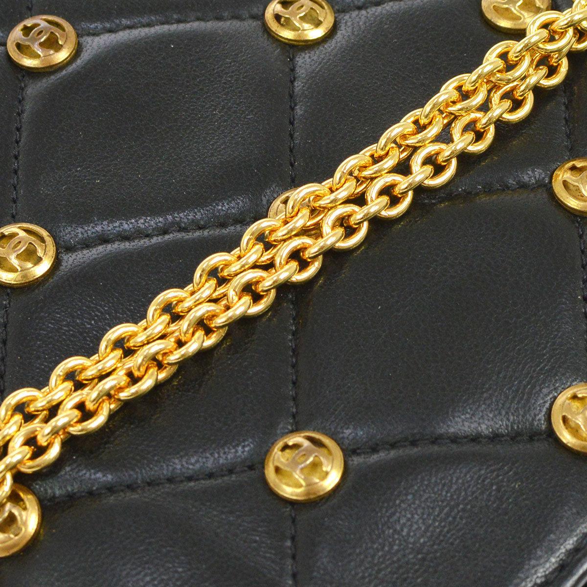Chanel Black Leather Gold Logo Coin Clutch Evening Small Party Shoulder Flap Bag

Lambskin
Gold tone hardware
Leather lining
Date code present
Made in France
Interior features built in mirror 
Shoulder strap 20.5