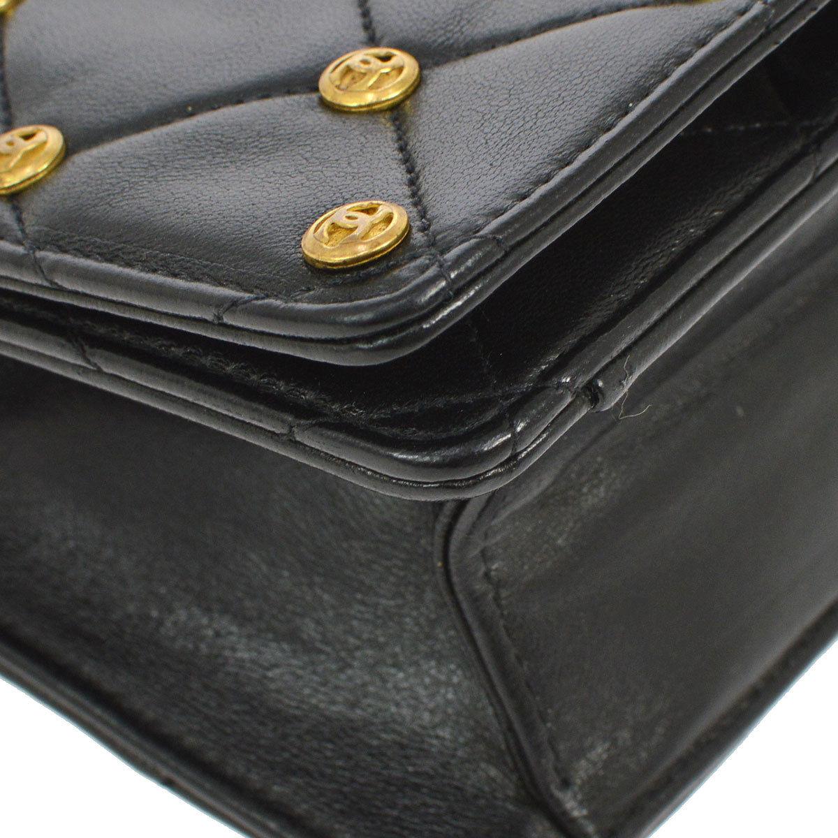 Chanel Black Leather Gold Logo Coin Clutch Evening Small Party Shoulder Flap Bag For Sale 1