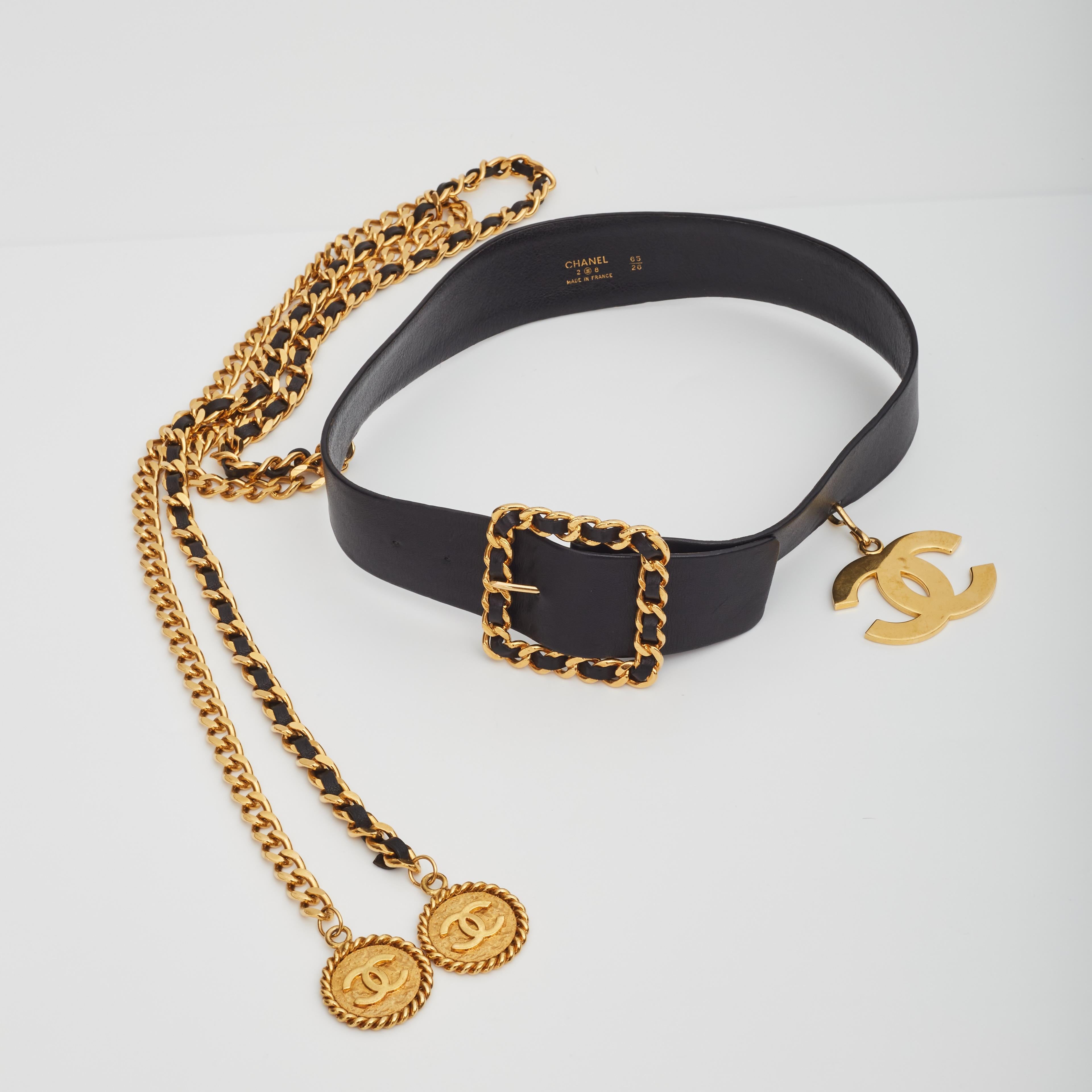 Chanel Black Leather Gold Medallion Charm Long Chain Drop Belt 1992 (Size 65/26) 1