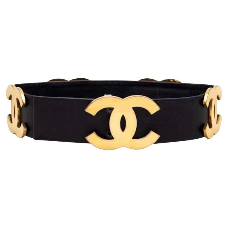 CHANEL Black Leather and Gold Metal Belt Wide Oversized Multi CC Logo 1992