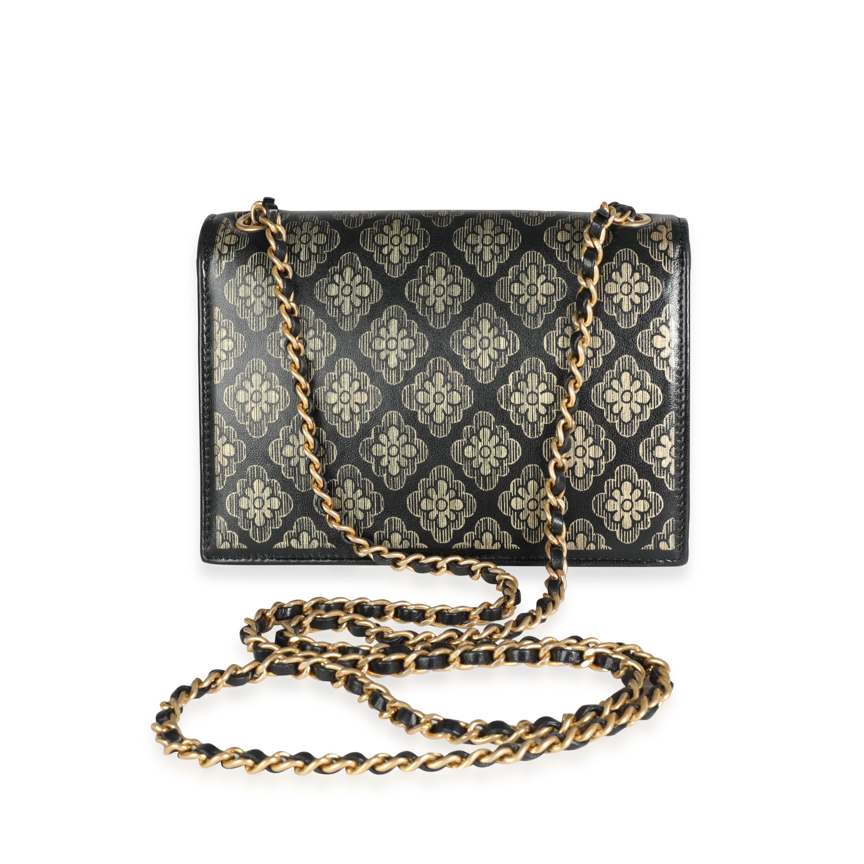 Chanel Black Leather & Gold Metallic Camellia Print Mini Flap Bag In Excellent Condition In New York, NY