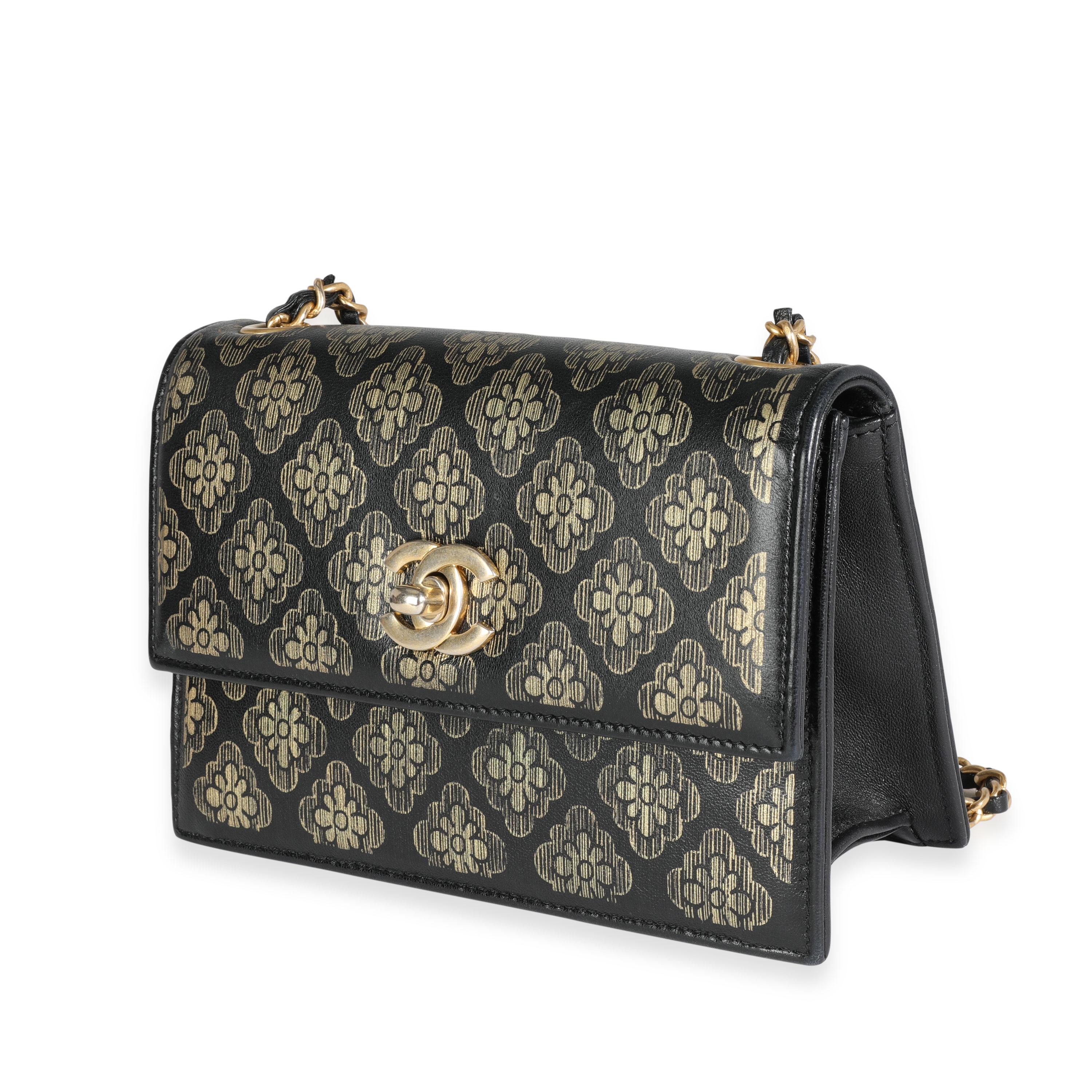Women's Chanel Black Leather & Gold Metallic Camellia Print Mini Flap Bag