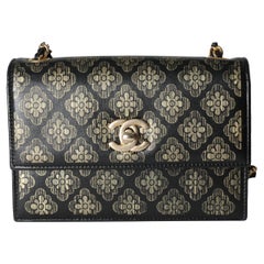 Chanel Black Leather & Gold Metallic Camellia Print Mini Flap Bag