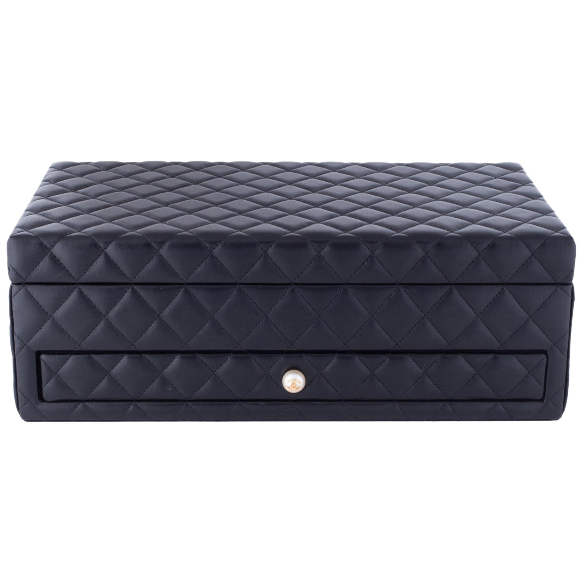 Chanel Black Leather Gold Pearl Women's Jewelry Drawer Vanity Storage Case Box