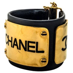 Chanel Black Leather /Gold Plate Bangle