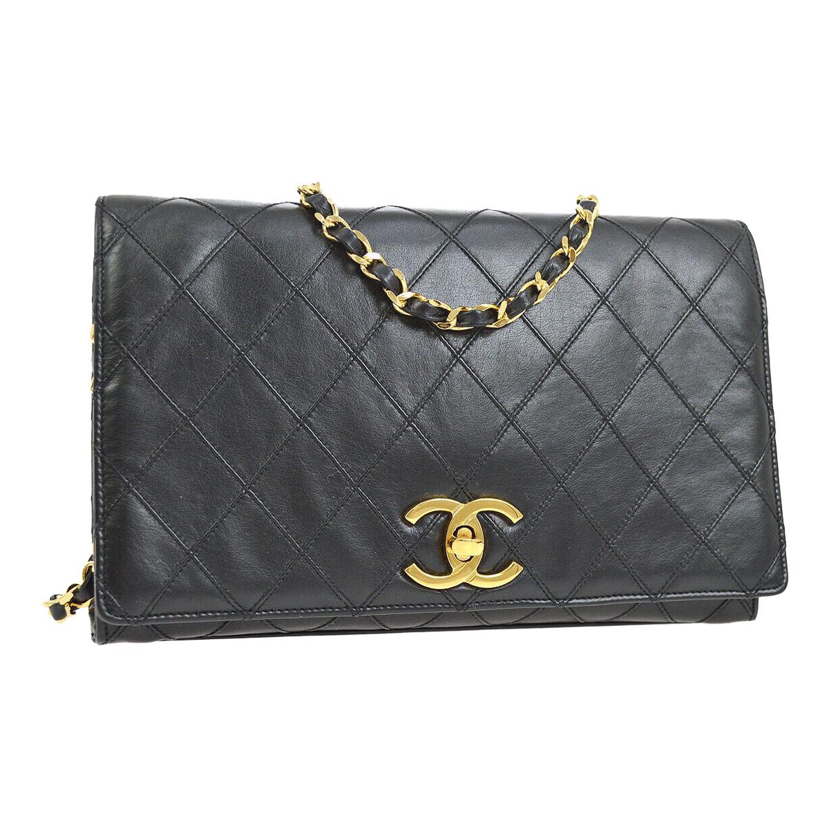 Chanel Black Leather Gold Small Evening Shoulder Crossbody WOC Flap Bag 