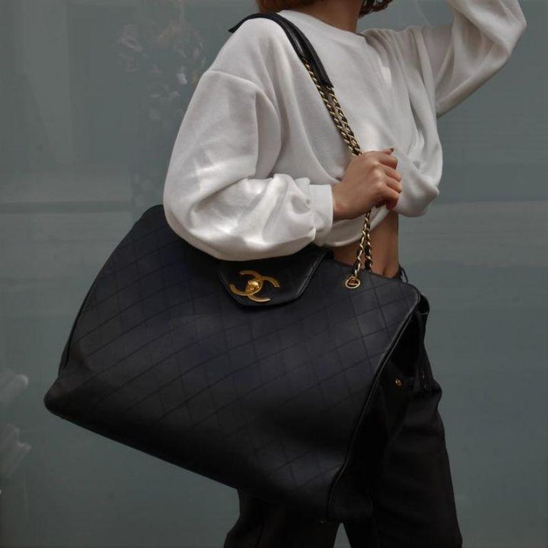 CHANEL Black Leather Gold Supermodel Carryall Travel Weekender Shoulder  Tote Bag