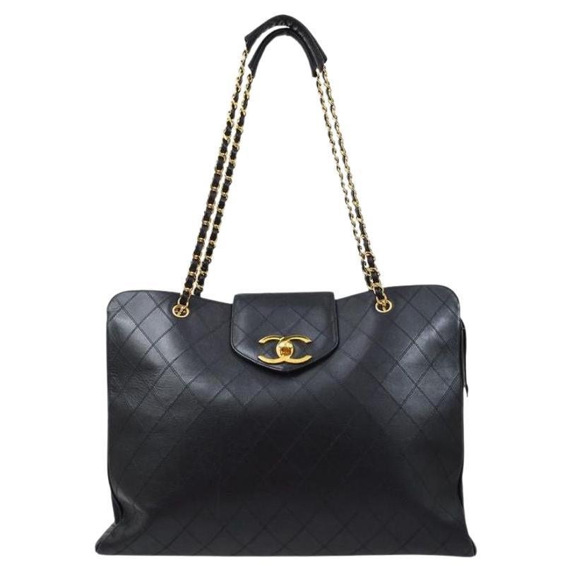 CHANEL Black Leather Gold Supermodel Carryall Travel Weekender Shoulder Tote Bag