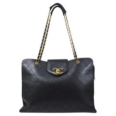 Chanel Noir Cuir Or Supermodel Carryall Travel Weekender Shoulder Tote Bag