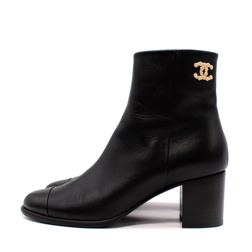 Chanel Black Leather Gold-Tone CC Logo Heeled Ankle Boots, EU 37.5, US 7 For Sale 1