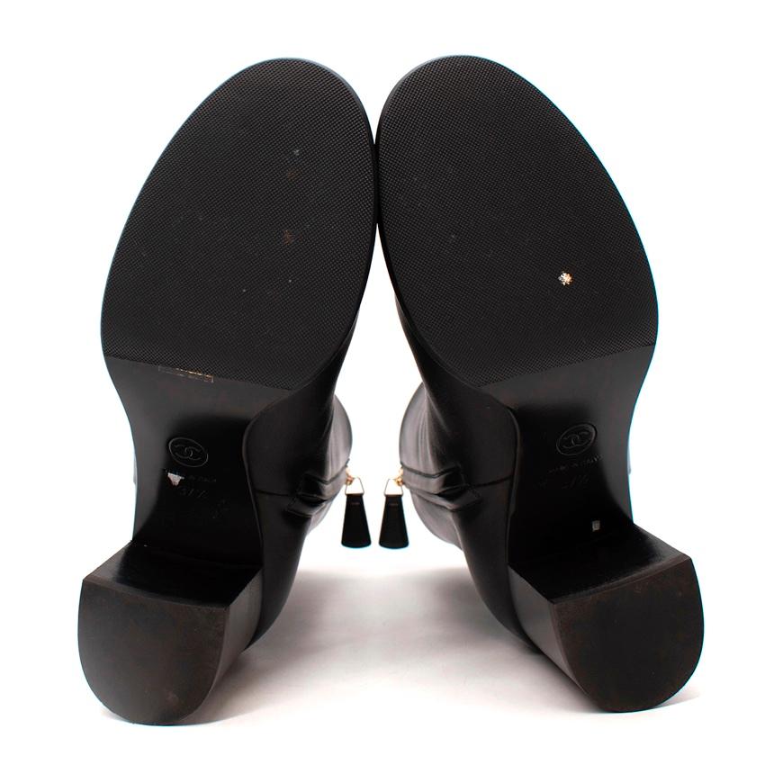 Chanel Black Leather Gold-Tone CC Logo Heeled Ankle Boots, EU 37.5, US 7 For Sale 4