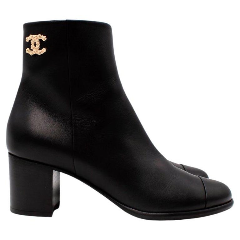 Chanel Black Leather Gold-Tone CC Logo Heeled Ankle Boots, EU 37.5