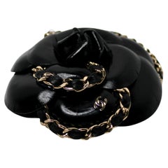 Chanel Black Leather & Gold-Tone Chain Camellia Flower Brooch