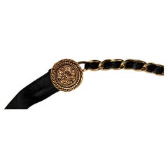 Chanel Black Leather & Gold-Tone Medallion Tie Waist Belt circa 1990s
